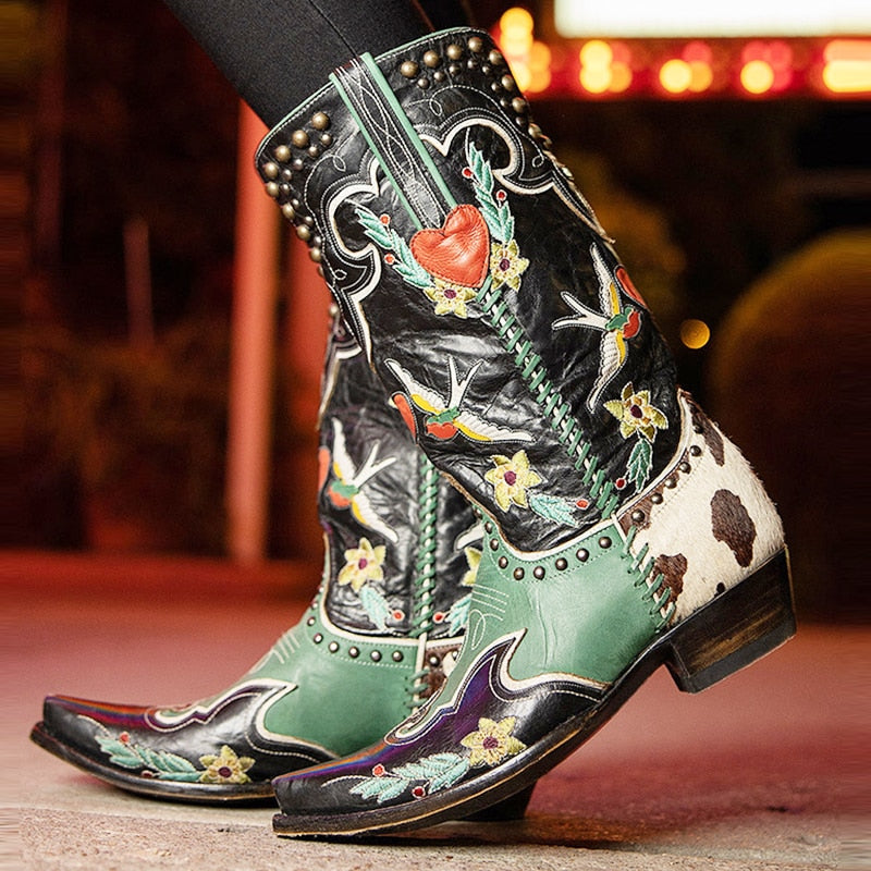 Damen Cowboy-Stiefel Bestickt Bunte Blumen Blockabsatz Western-Look