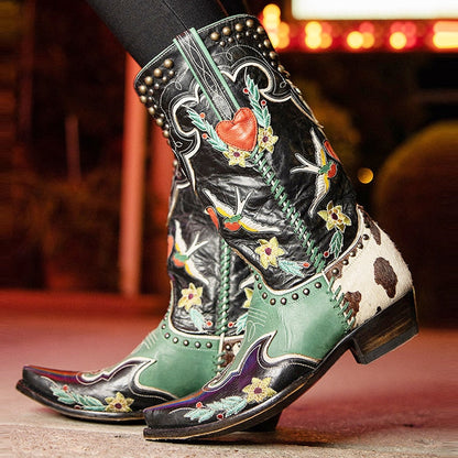 Damen Cowboy-Stiefel Bestickt Bunte Blumen Blockabsatz Western-Look