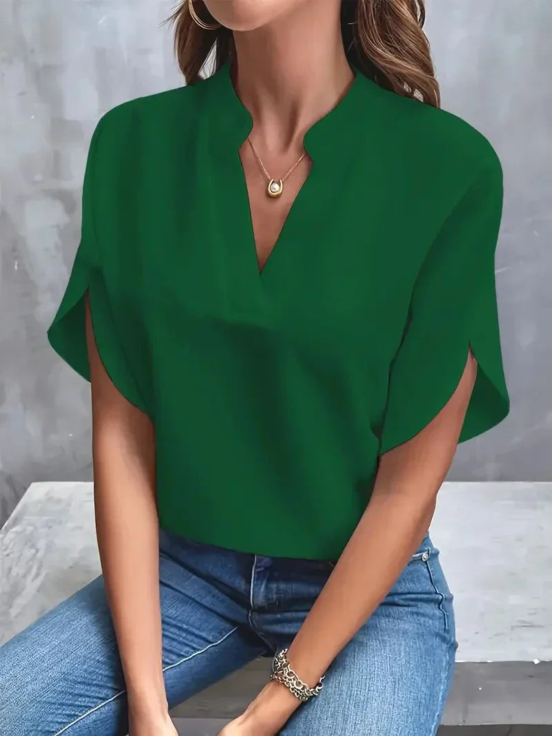 Damen Chiffonbluse V-Ausschnitt Kurzärmelig Luftig