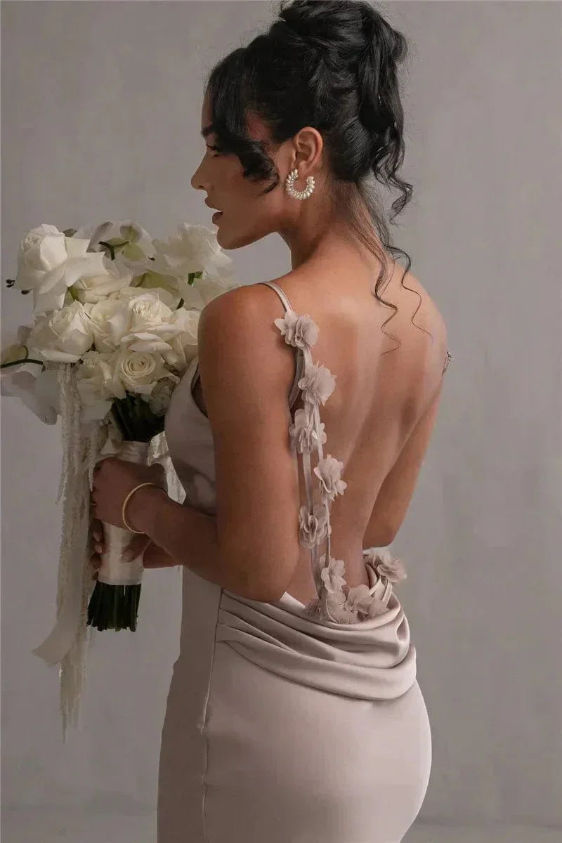 Elegantes Damen Maxikleid Satin Blumenapplikationen