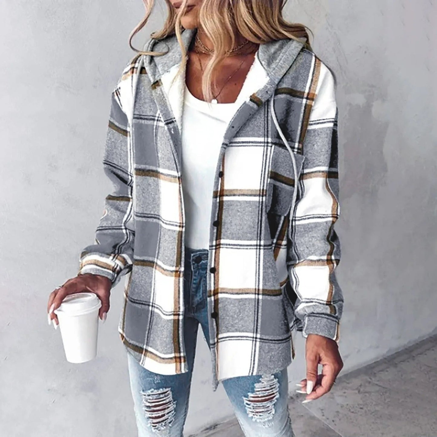 Damen Knopf-Plaid-Jacke