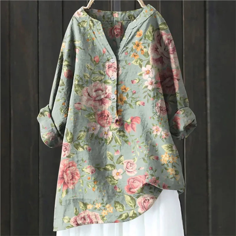 Damen Blumenbluse V-Ausschnitt Knopfleiste Leicht Sommer - Norvielle