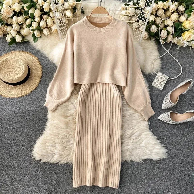 Damen Strickkleid Pullover Set