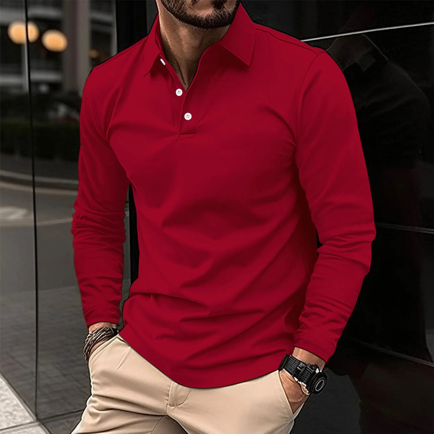 Herren Langarm Polo-Shirt Lässig Baumwolle Weiß