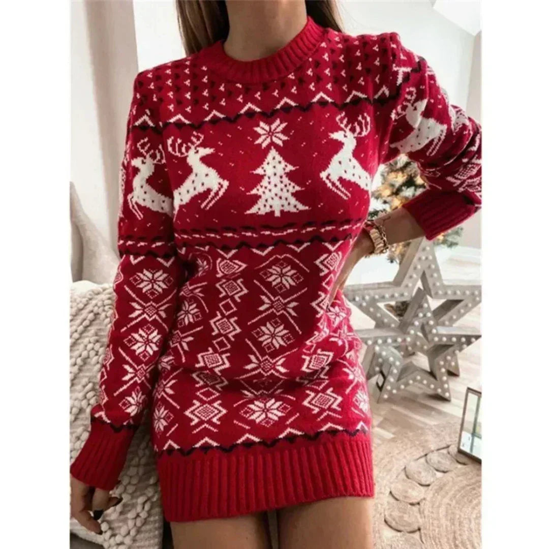 Damen Weihnachtskleid Strick Warm Festlich Rot