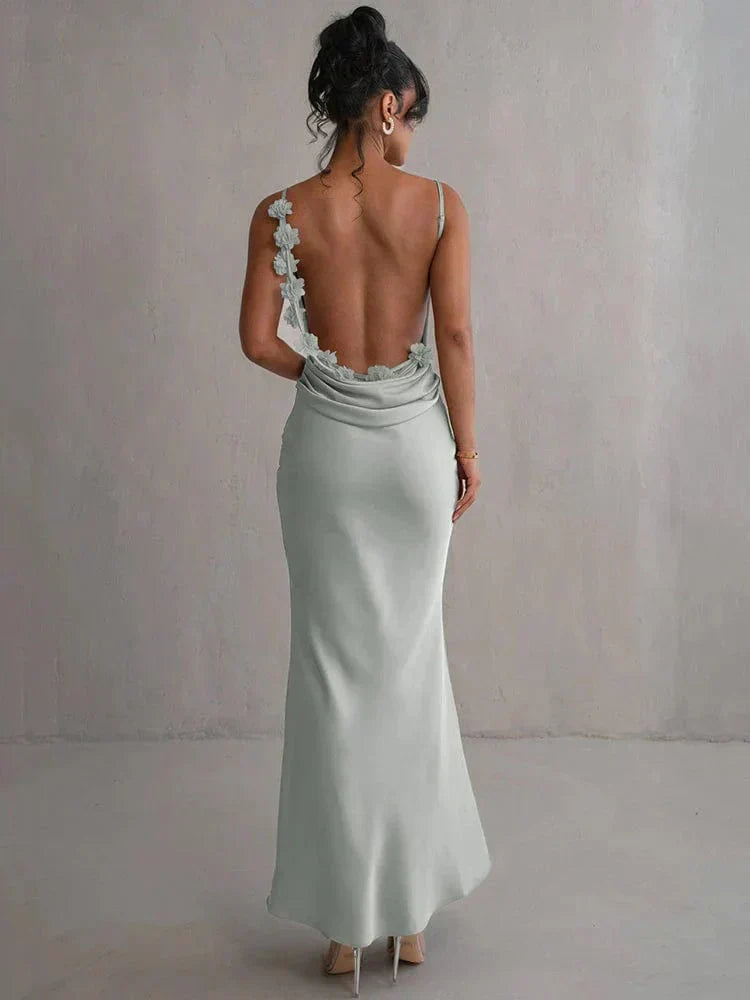 Elegantes Damen Maxikleid Satin Blumenapplikationen