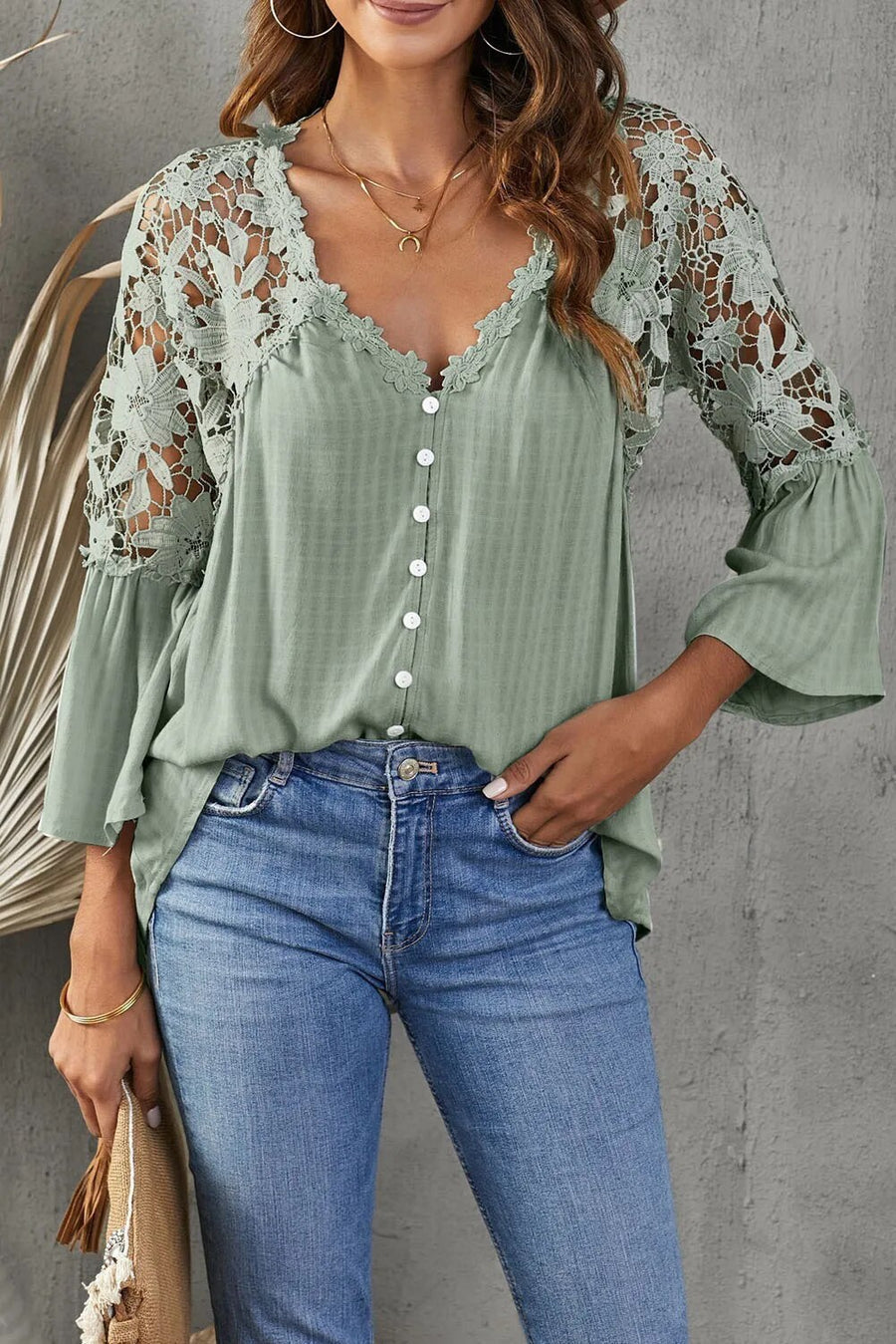 Damen V-Ausschnitt Bluse Spitze Ärmel Blumenmuster Elegante Bluse