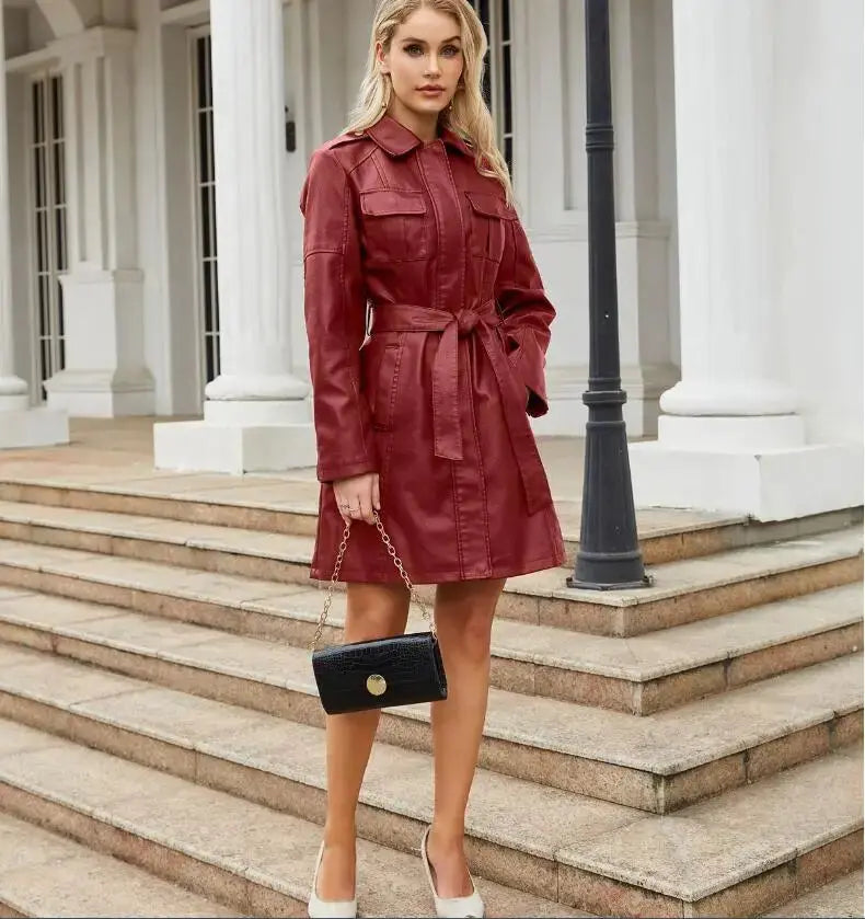 Damen Hemdkleid Lange Ärmel Kunstleder Schwarz - Norvielle