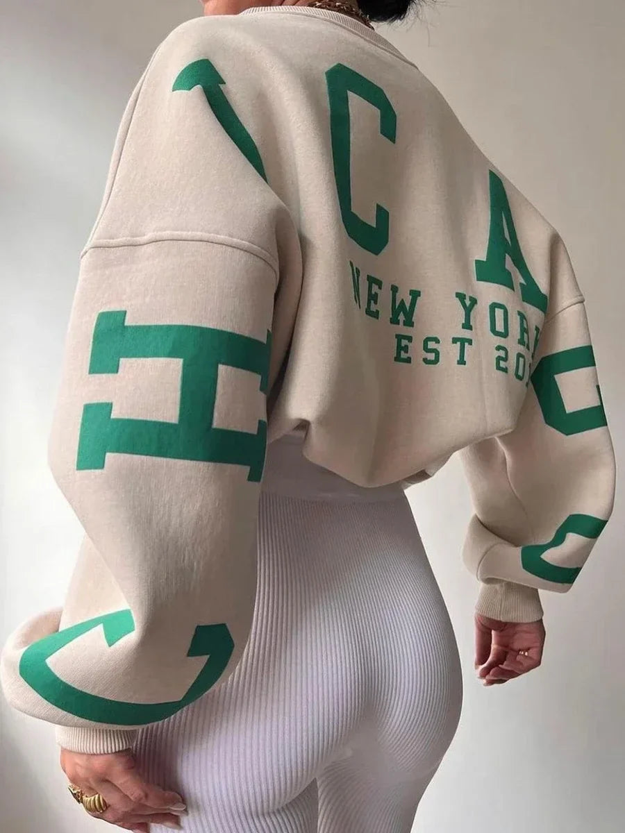 Damen Oversized Sweatshirt Statement-Print Großgemustert Grau - Norvielle