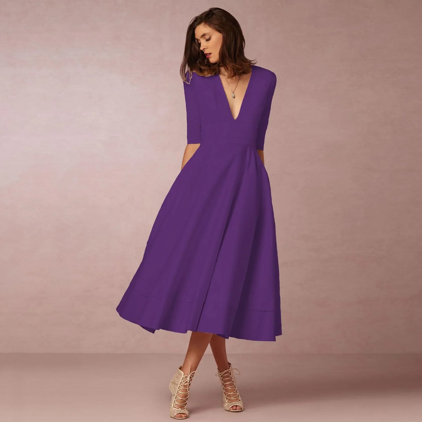 Damen Midi Hochzeitsgastkleid V-Ausschnitt