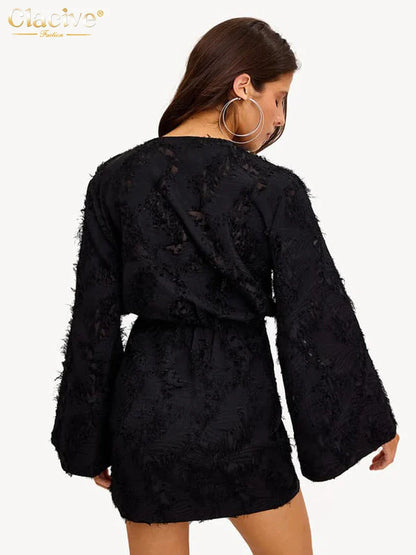 Damenkleid Gelb V-Ausschnitt Langarm Mini Kleid
