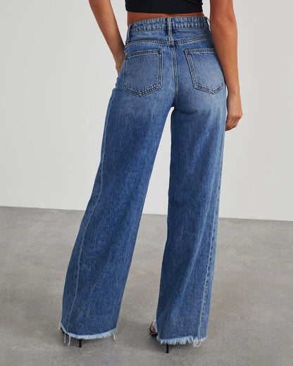 Damen Weitbein Jeans Grau Raw Hem