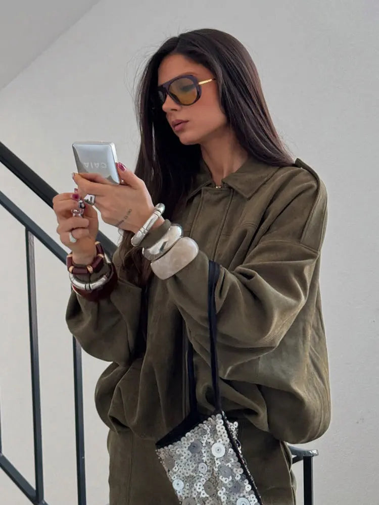 Damen Wildlederjacke Hemdkragen Locker