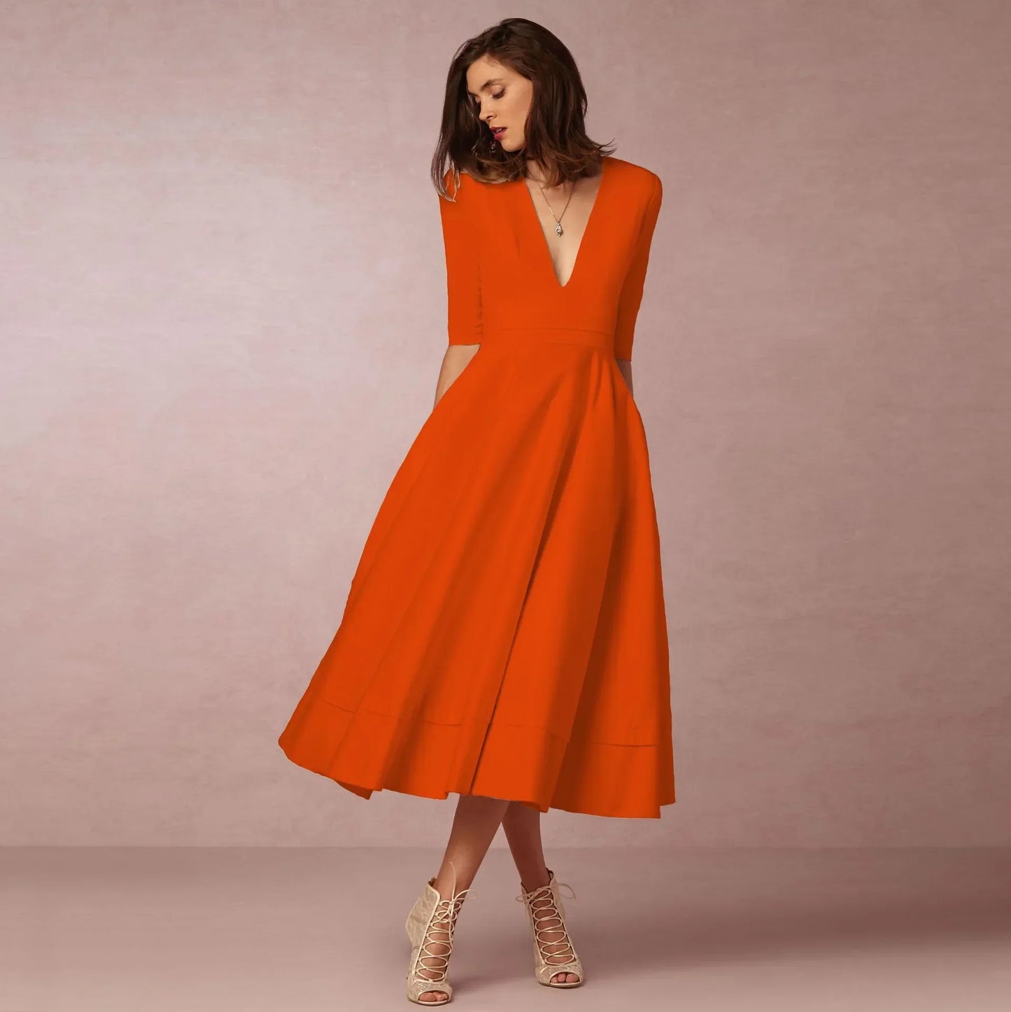 Damen Midi Hochzeitsgastkleid V-Ausschnitt