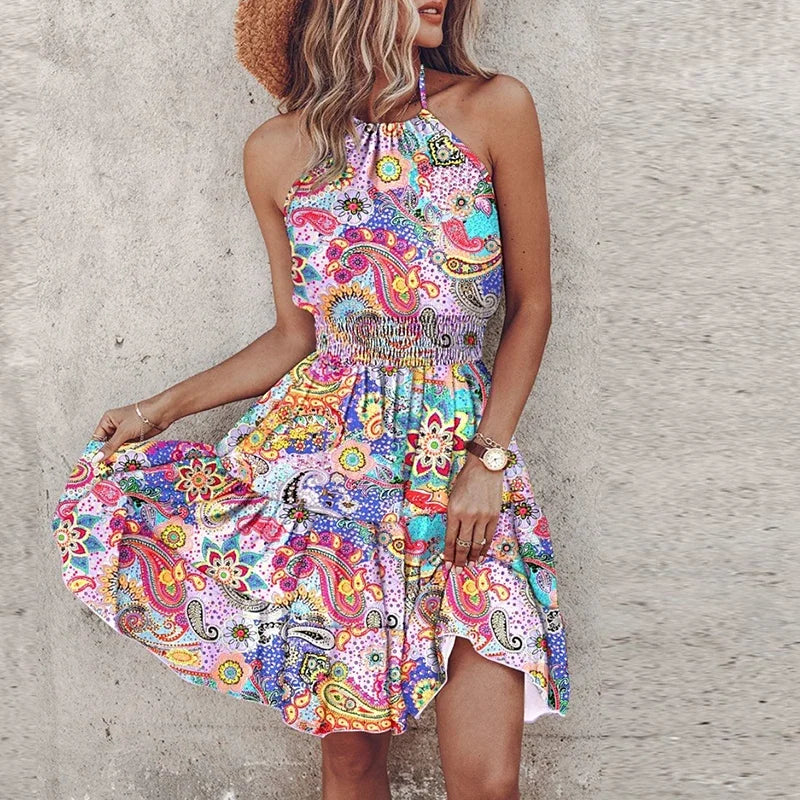 Damen Sommerkleid Ärmellos Boho-Print Tailliert