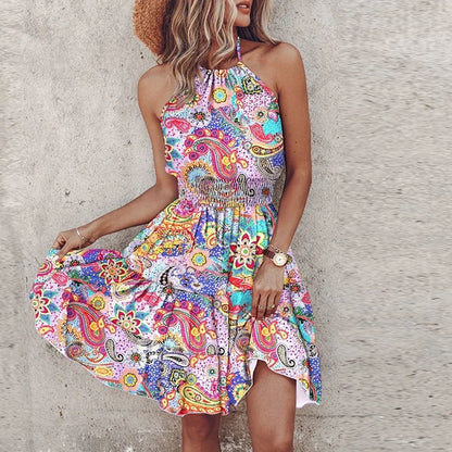 Damen Sommerkleid Ärmellos Boho-Print Tailliert