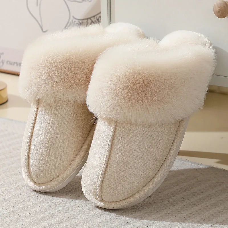Damen Plüsch Mules Hausschuhe Weiches Futter Beige