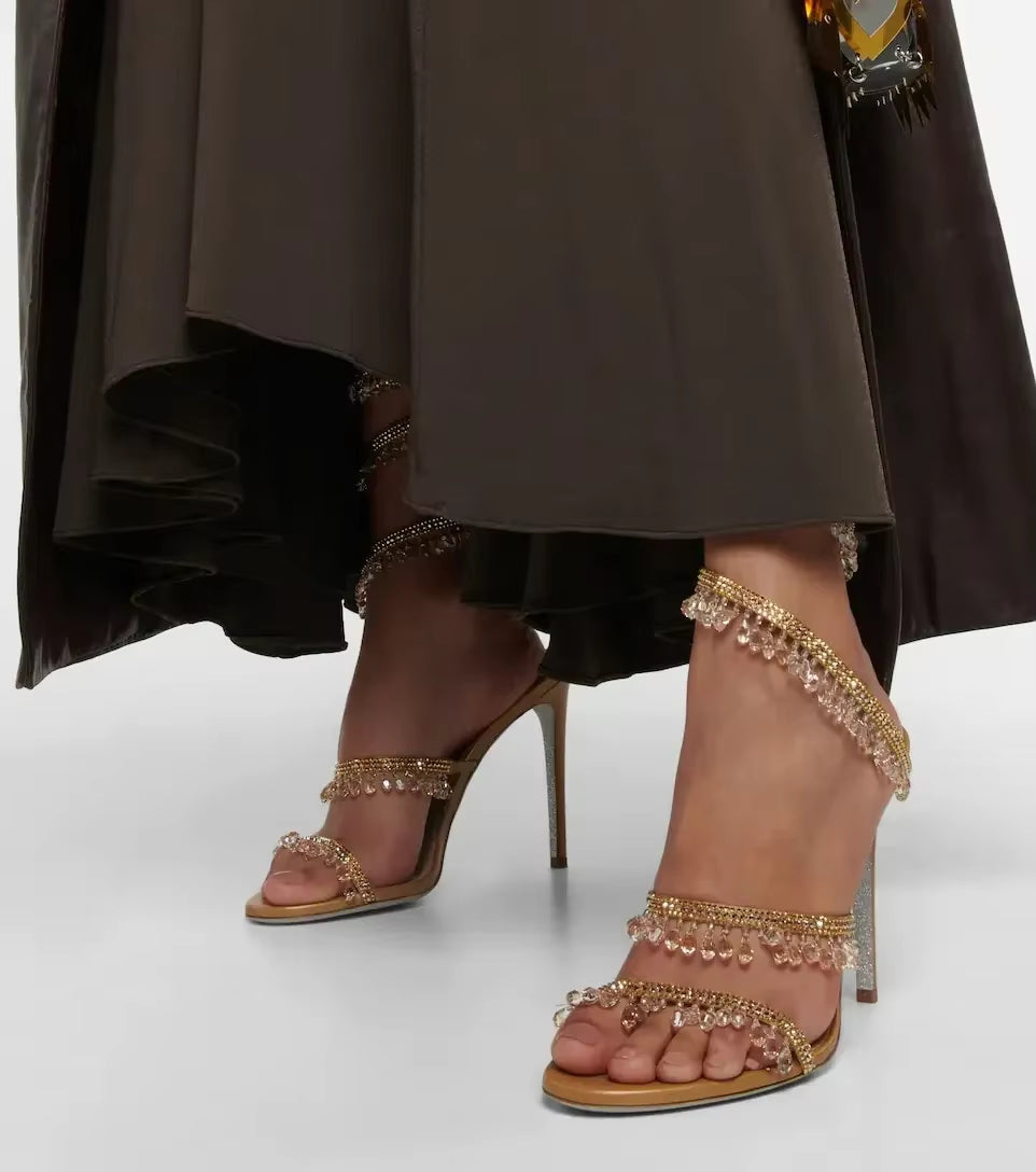 Damen Sandalen Crystal Wrap Heels mit Wickel-Knöchelband Eleganz