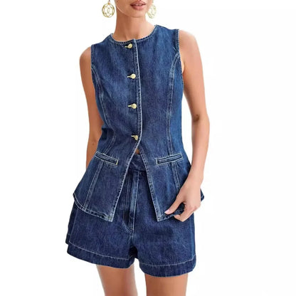 Damen Denim-Zweiteiler-Set mit Weste und Shorts