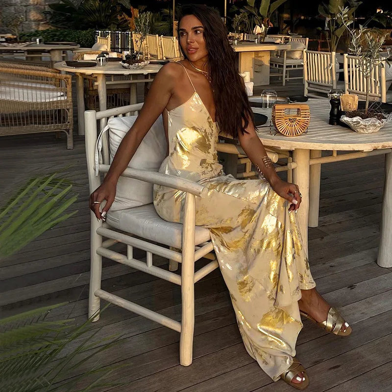 Damen Abendkleid Spaghettiträger Goldschimmer Rock