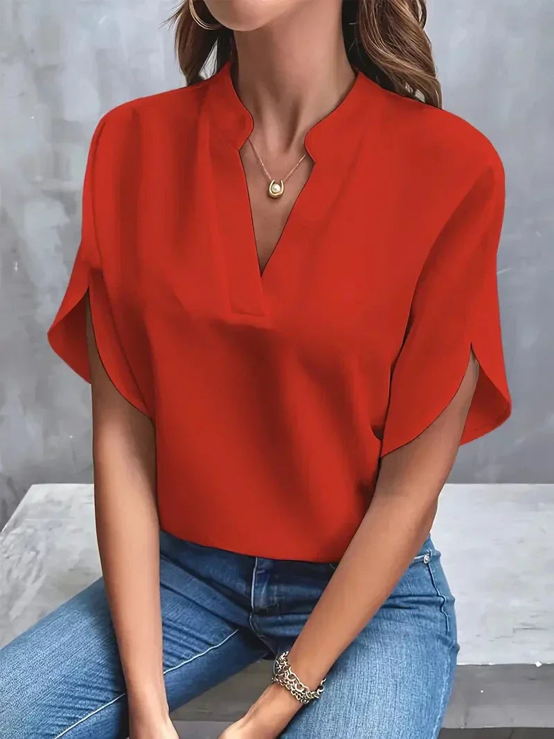Damen Chiffonbluse V-Ausschnitt Kurzärmelig Luftig