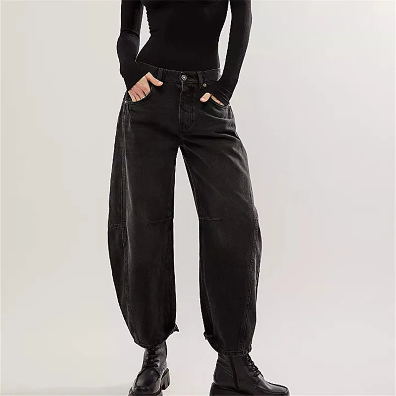 Damen Baggy Jeans Elastisch Schwarz - Norvielle