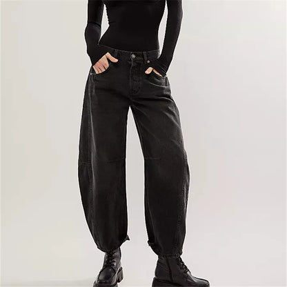 Damen Baggy Jeans Elastisch Schwarz - Norvielle