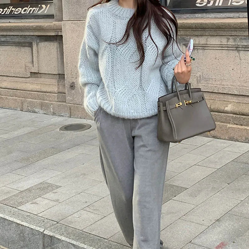 Norvielle Damen Oversized Wollpullover Zopfmuster Langarm