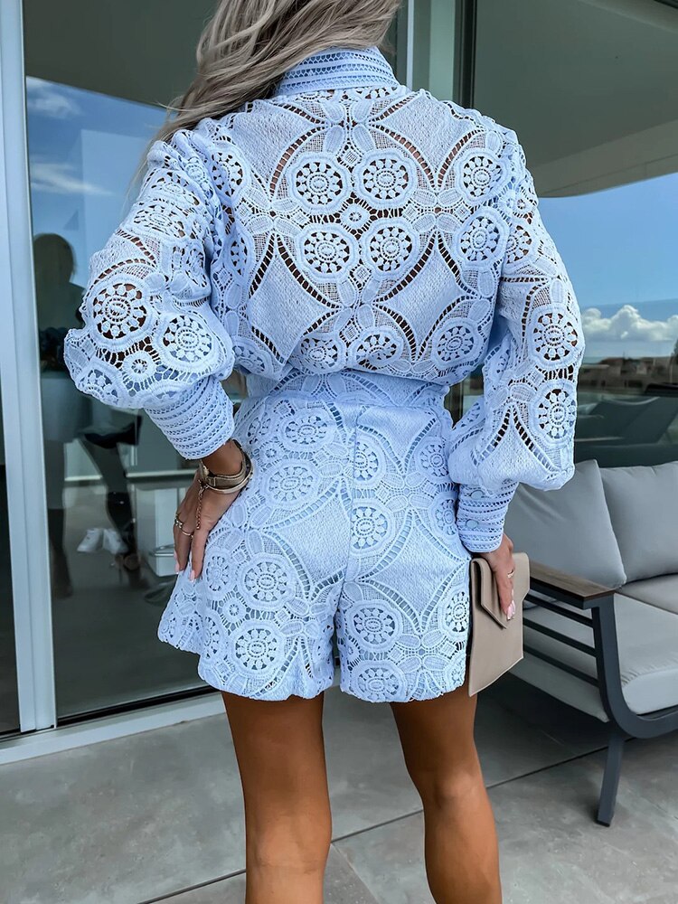 Damen Lochspitzenbluse und Shorts-Set