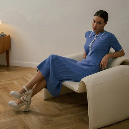 Norvielle Damen Geripptes Kleid Kontrastkragen