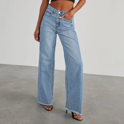 Damen Weitbein Jeans Grau Raw Hem