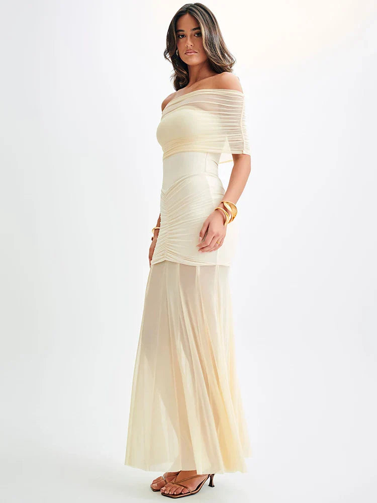 Damen Maxi-Kleid Off-Shoulder Mesh Elegantes Design