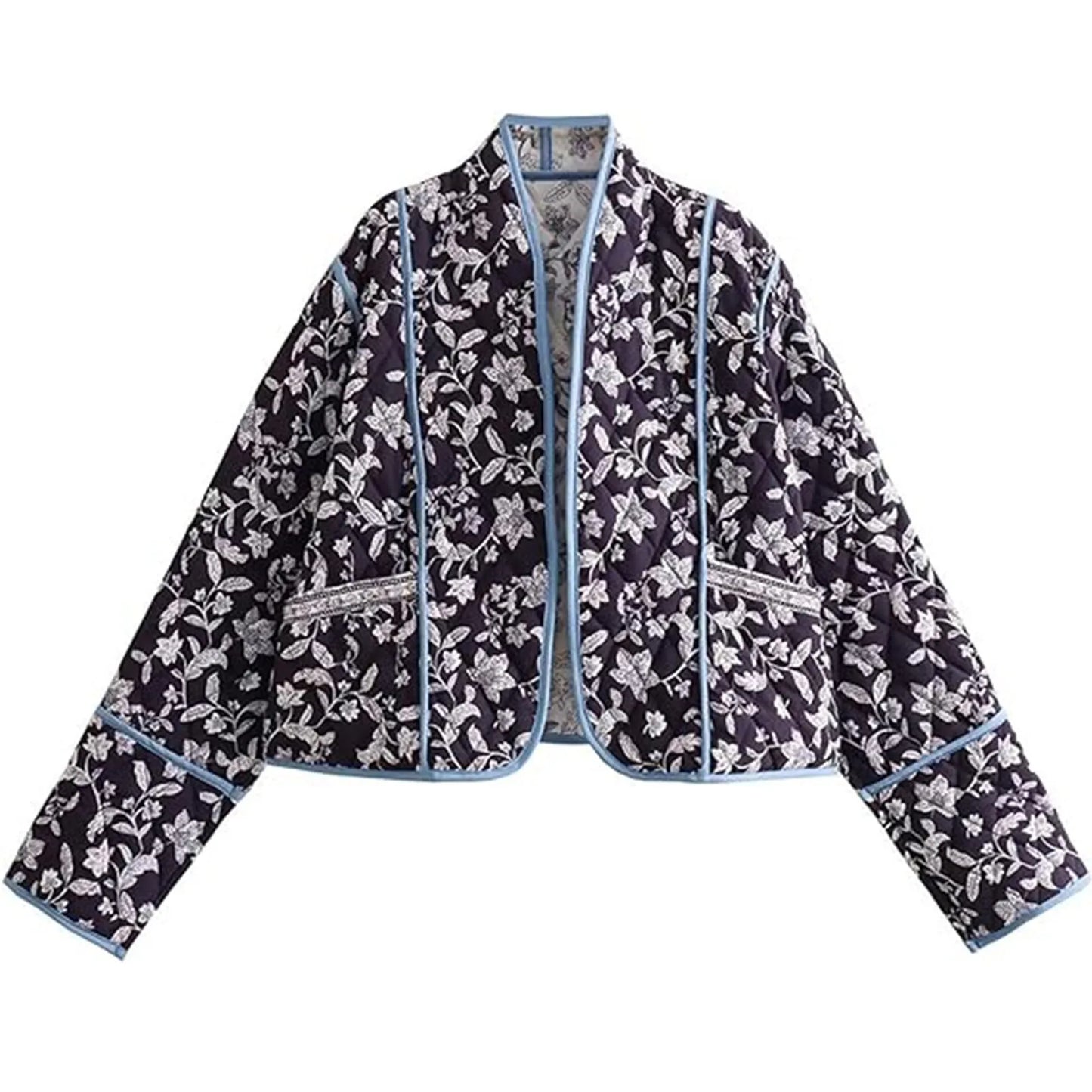 Fleur Quilted Jacke Rückansicht in Dunkelblau mit Blumen
