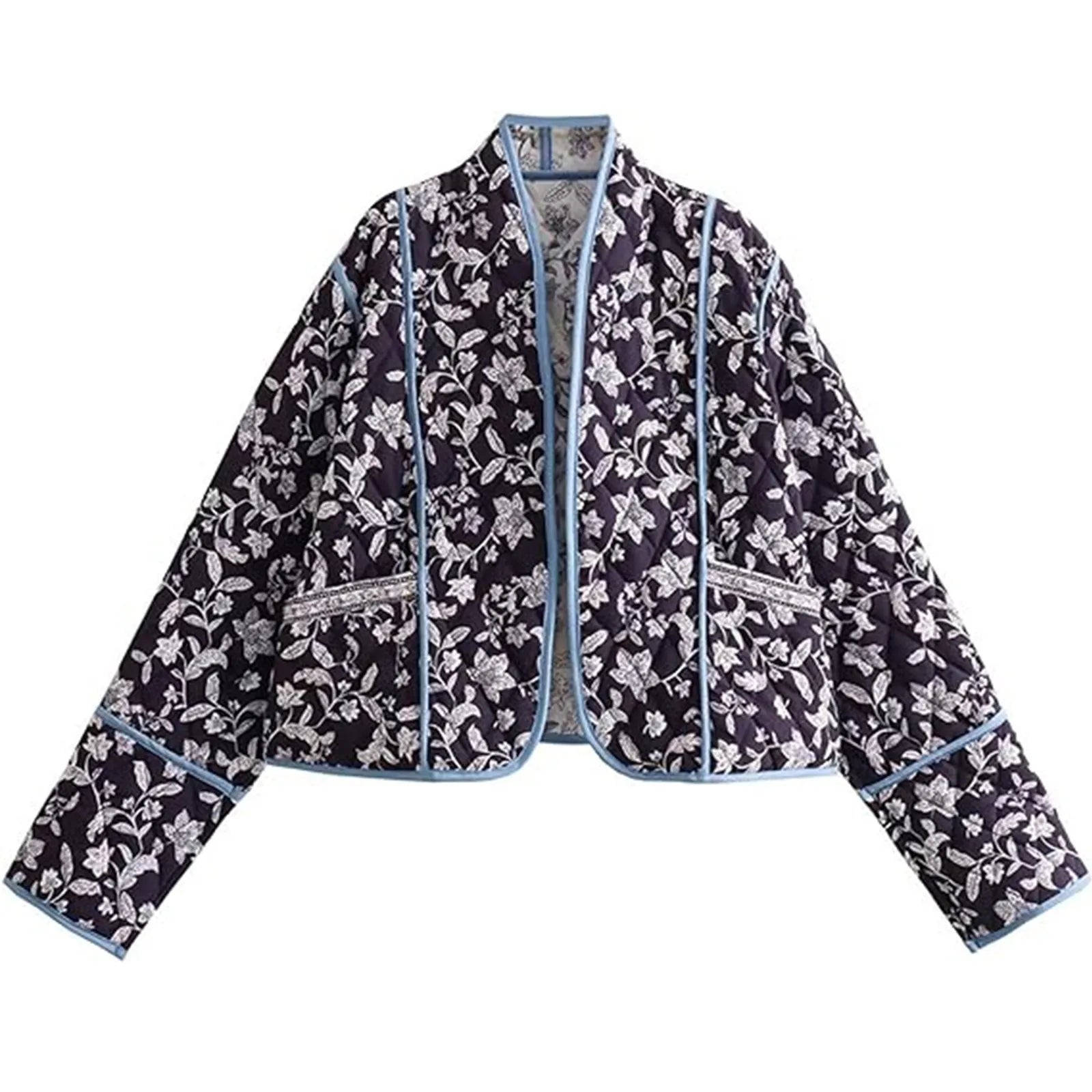 Fleur Quilted Jacke Rückansicht in Dunkelblau mit Blumen
