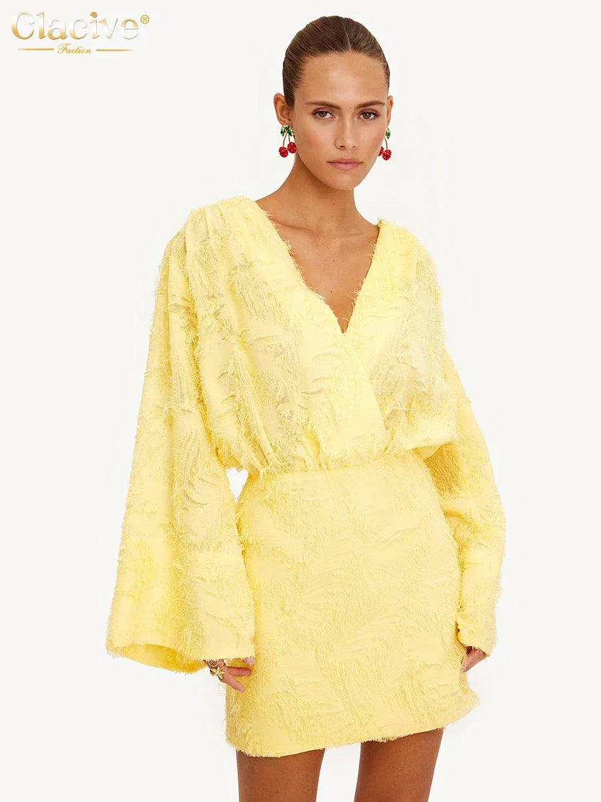 Damenkleid Gelb V-Ausschnitt Langarm Mini Kleid