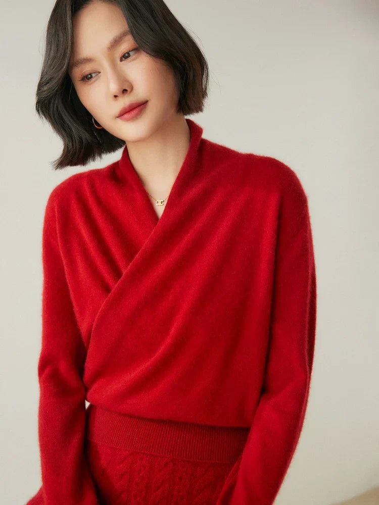 Damen Wickelpullover Elegantes Überkreuz-Design