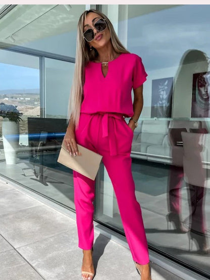 Norvielle Damen Jumpsuit Kurzärmelig Mit Gürtel Elegant