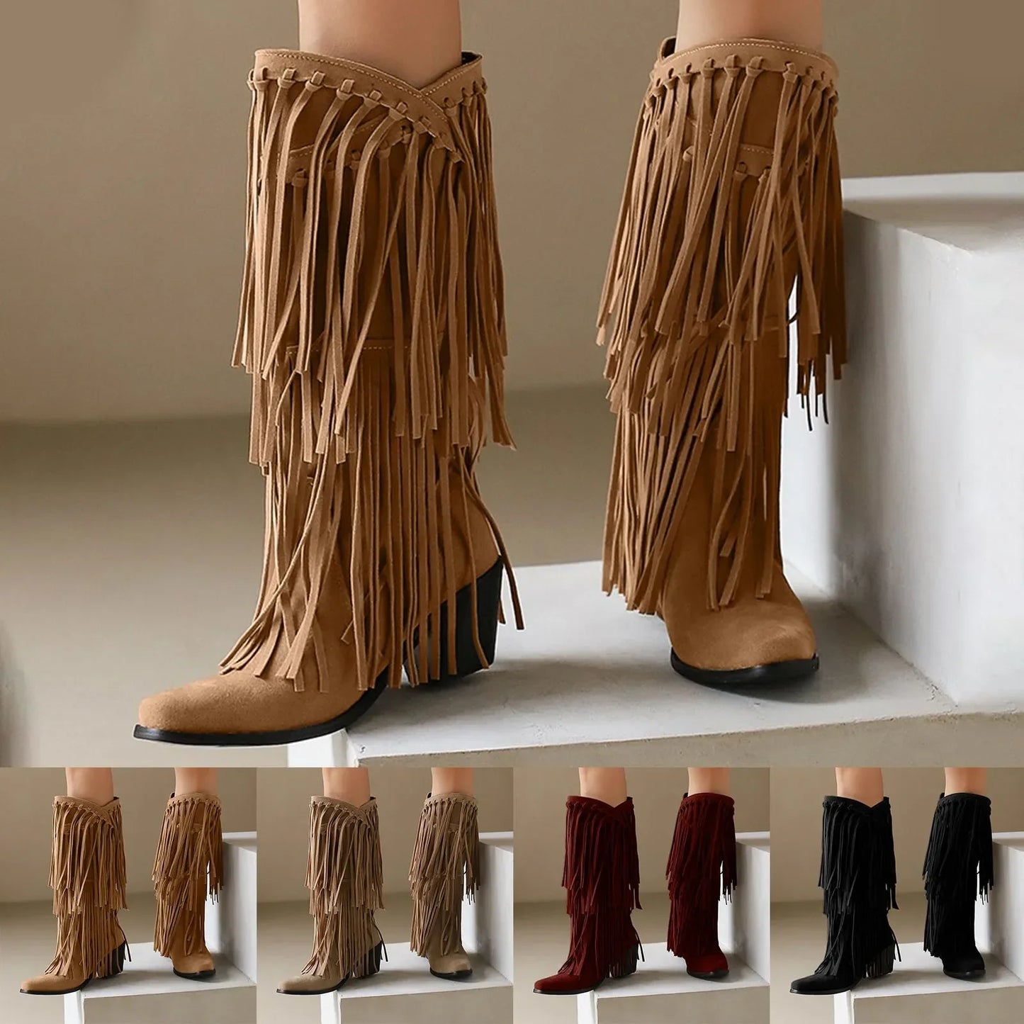 Damen Stiefel Fransen Blockabsatz Braun - Norvielle