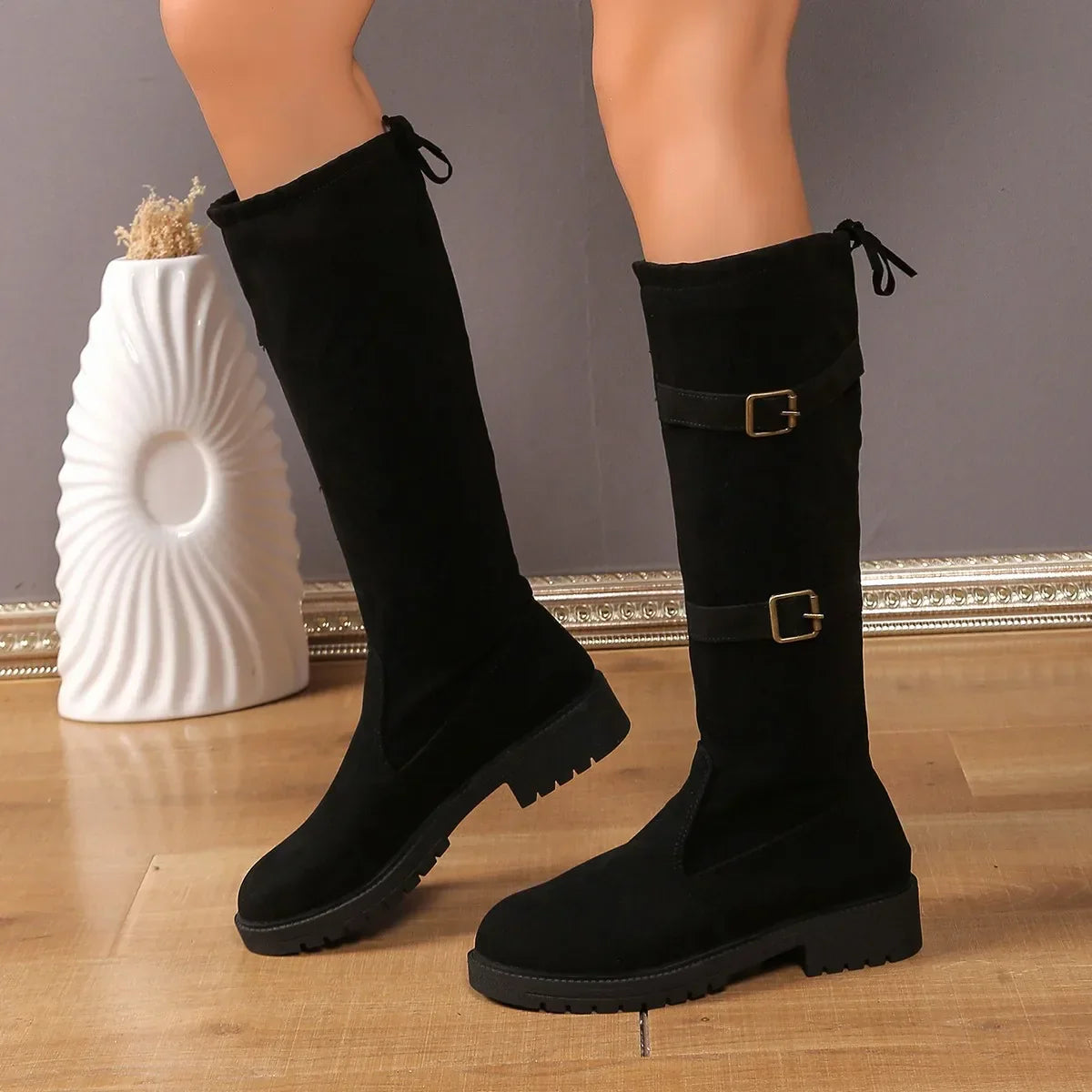 Damen Knee High Stiefel Niedriger Absatz Klassisch