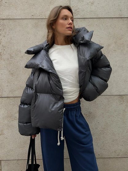 Damen Steppjacke Kurz Kapuze Warm Schwarz - Norvielle