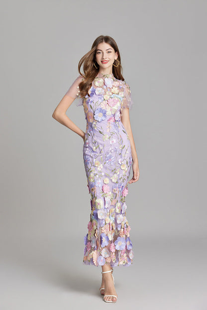 Damen Maxikleid Transparent Blumenstickerei