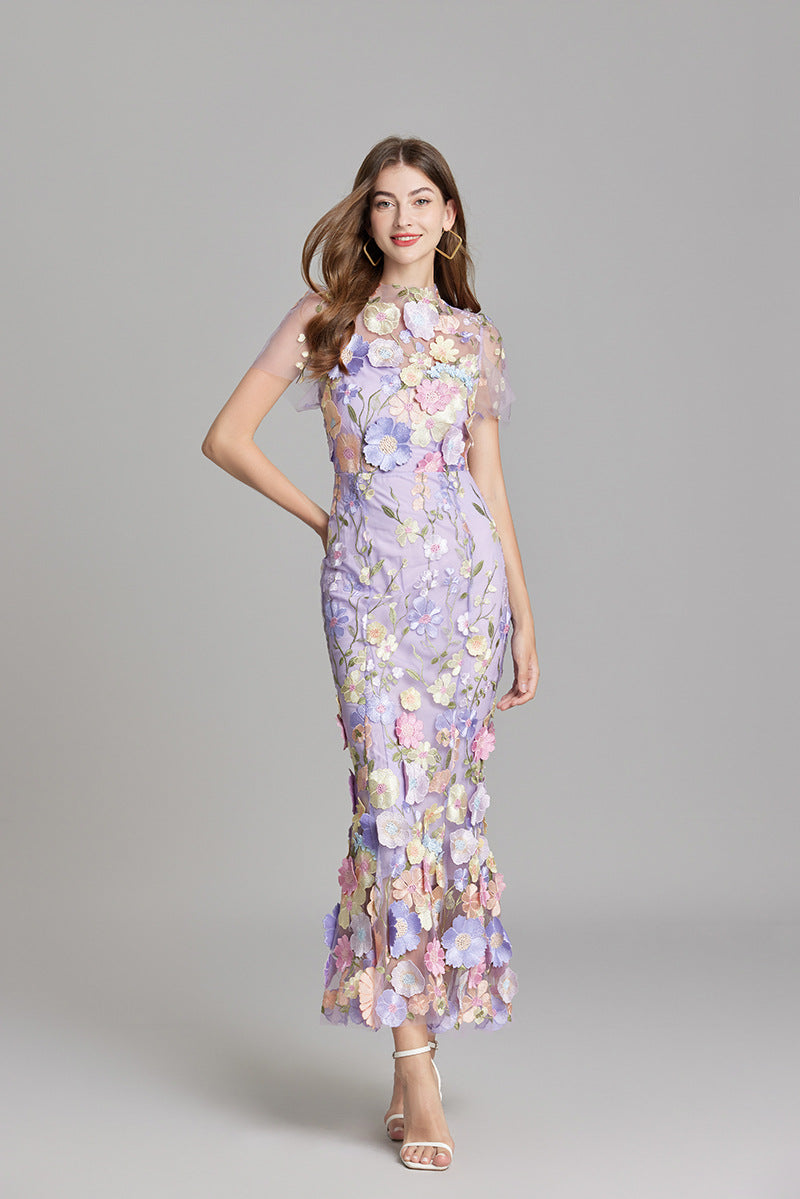 Damen Maxikleid Blumenapplikationen Sommerkleid