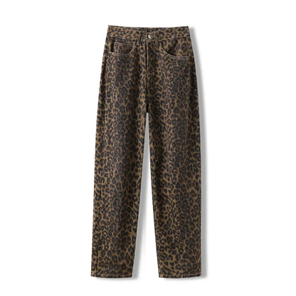 Leondra Damen High-Waist Leopard-Jeans Relaxed Straight Fit