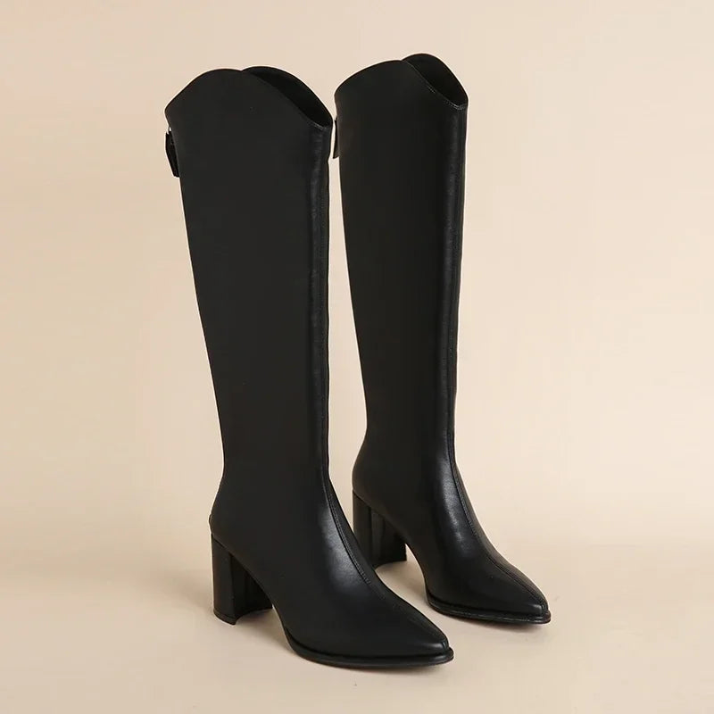 Damen Stiefel Knee High mit Reißverschluss Blockabsatz