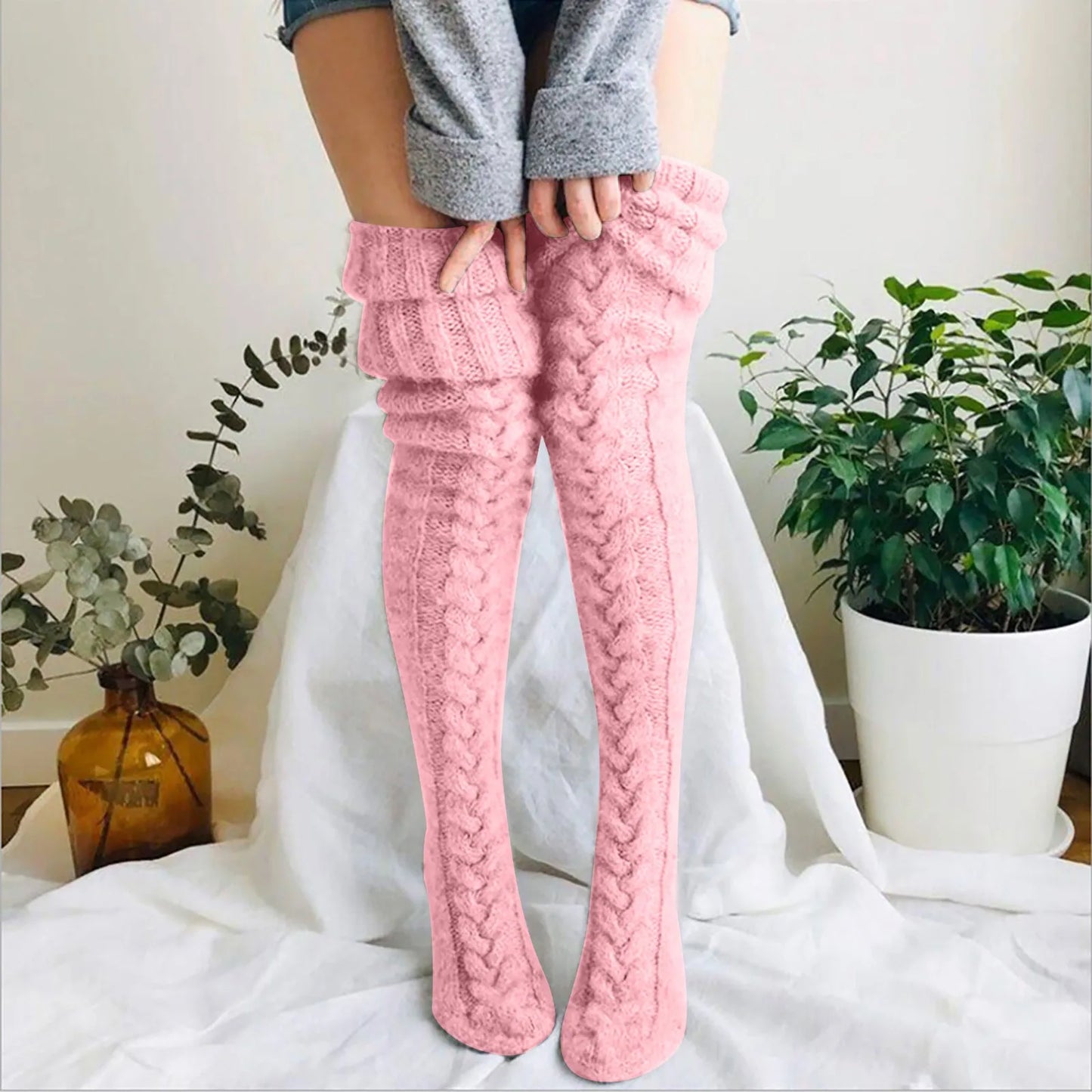 Damen Overknee Stricksocken Warm Weich Zopfmuster Beige