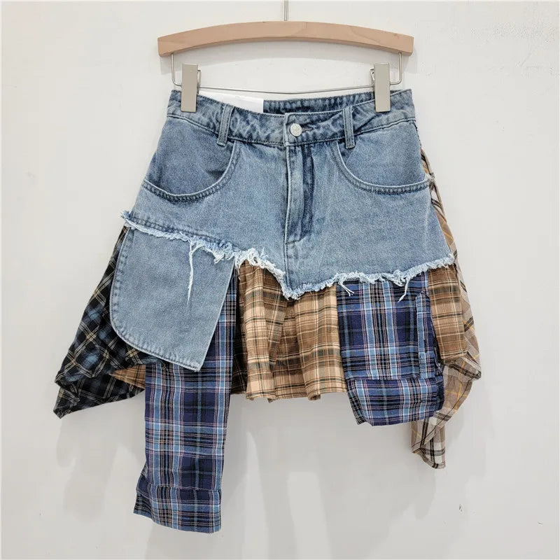Damen Denim Mini-Rock Patchwork Kariert Hochtaille Dunkelblau
