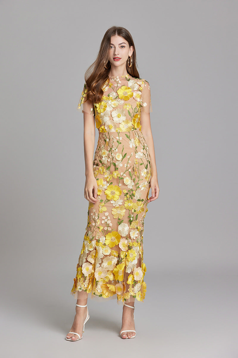 Damen Maxikleid Transparent Blumenstickerei