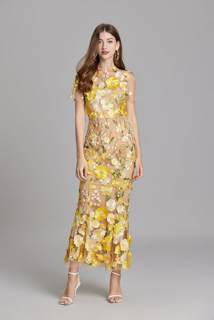 Damen Maxikleid Transparent Blumenstickerei
