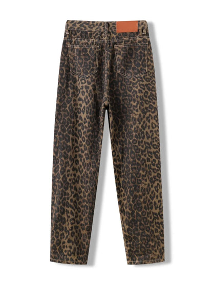 Leondra Damen High-Waist Leopard-Jeans Relaxed Straight Fit
