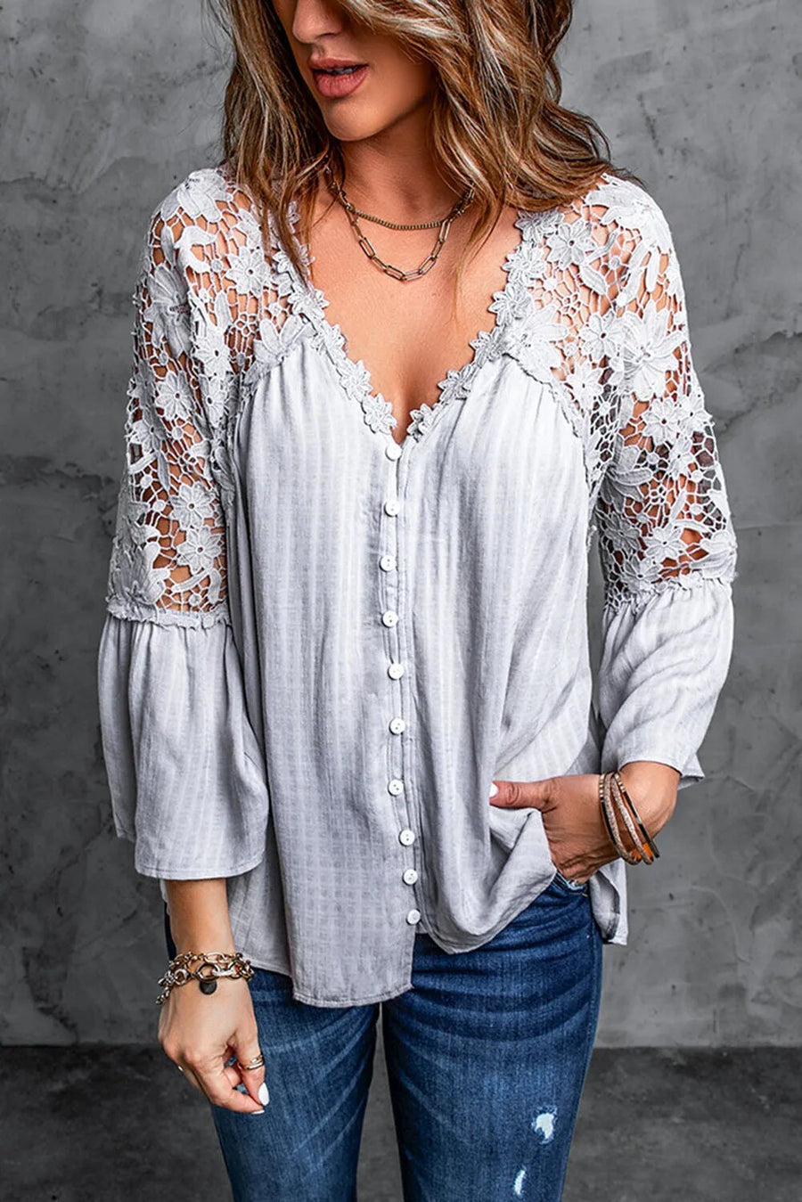 Damen V-Ausschnitt Bluse Spitze Ärmel Blumenmuster Elegante Bluse - Norvielle